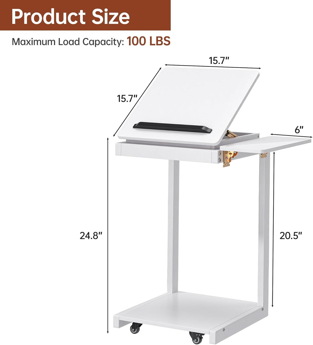 C Shaped End Table, Rolling Side Table with 4-Way Convertible Desktop, Wooden C Table with Multi-functional Folding Tray & Lockable Wheels, Side Table for Couch, Living Room, Bedroom, White
