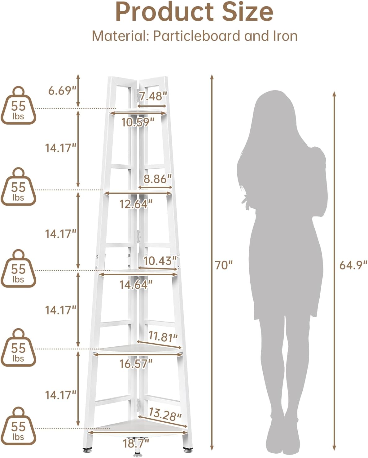 5-Tier Corner Shelf with LED Light, 70 Inch Display Shelf for Living Room, Bedroom, Bookshelf, Industrial Shelf, Plant Shelf (White, Ladder Corner Shelf)
