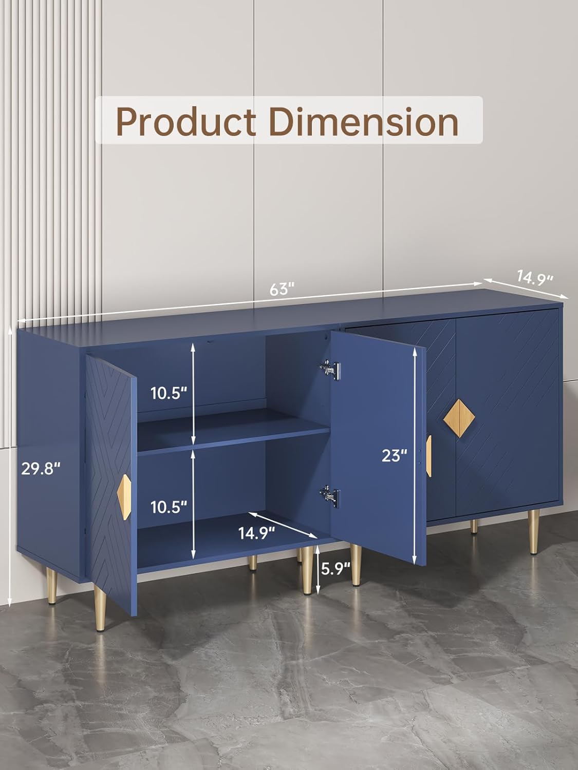 Sideboard Cabinet, 63'' Modern Buffet Cabinet with Storage Set of 2, Credenza with 4 Doors and Adjustable Shelves, Sideboard for Living Room, Kitchen and Entryway, Blue