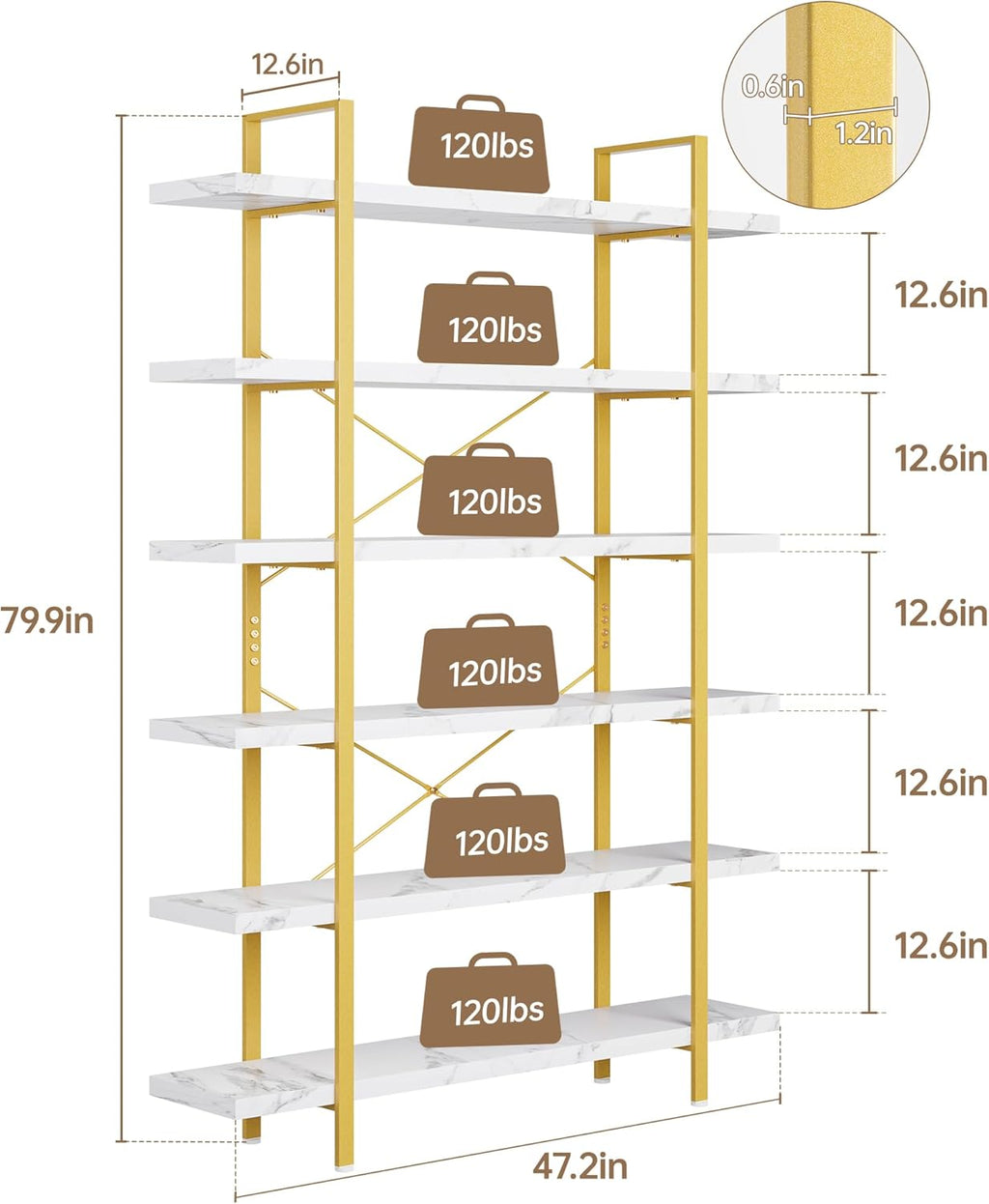 Heavy Duty 6-Tier Industrial Bookcase, 47" Wide Wood Bookshelf for Home Office, 120lbs Shelf Capacity, Open Shelving Display with Reinforced Horizontal Shelf for Living Room Bedroom, White