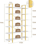 Heavy Duty 6-Tier Industrial Bookcase, 47" Wide Wood Bookshelf for Home Office, 120lbs Shelf Capacity, Open Shelving Display with Reinforced Horizontal Shelf for Living Room Bedroom, White