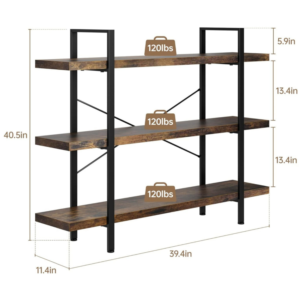 Heavy Duty 3-Tier Industrial Bookcase, 39" Wide Wood Bookshelf for Home Office, 120lbs Shelf Capacity, Rustic Open Shelving Display with Reinforced Horizontal Shelf for Living Room Bedroom