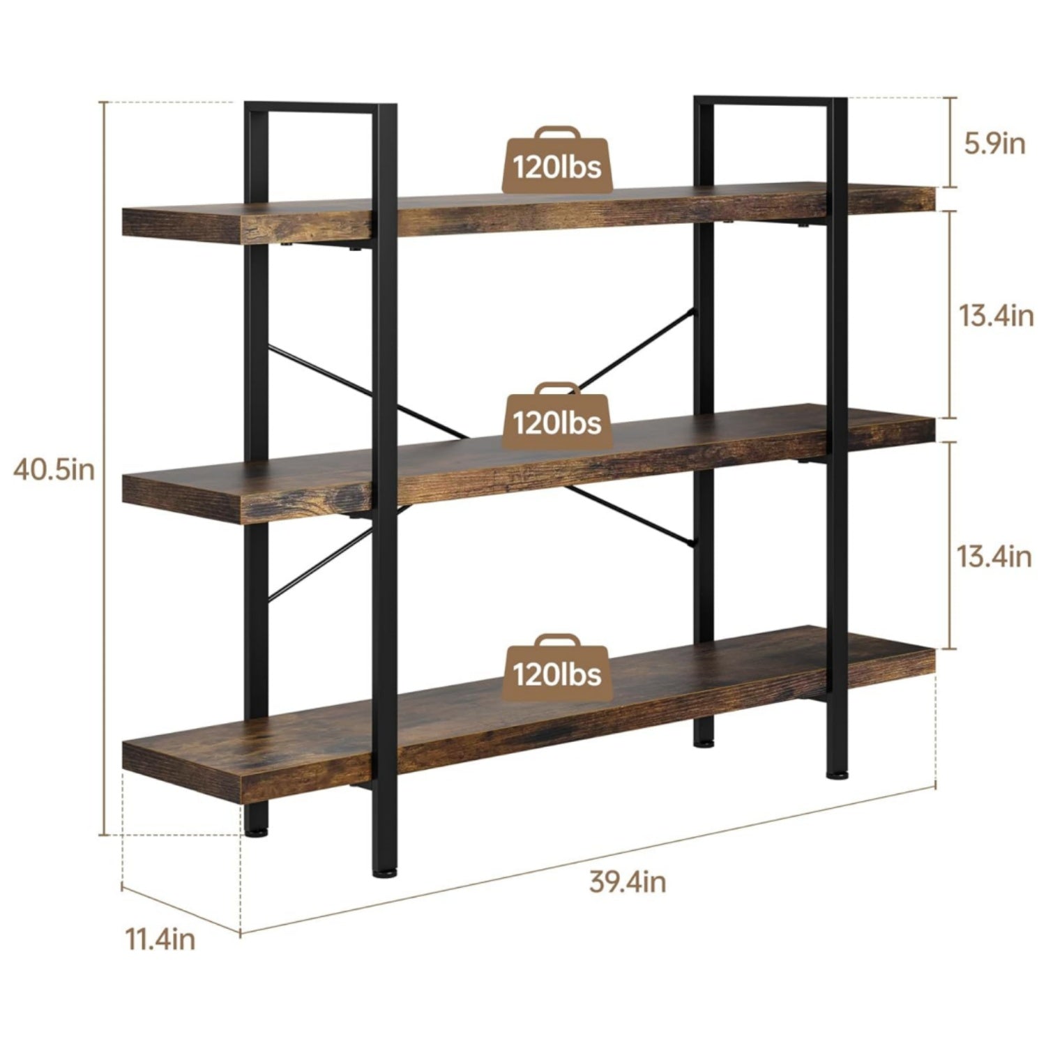 Heavy Duty 3-Tier Industrial Bookcase, 39" Wide Wood Bookshelf for Home Office, 120lbs Shelf Capacity, Rustic Open Shelving Display with Reinforced Horizontal Shelf for Living Room Bedroom