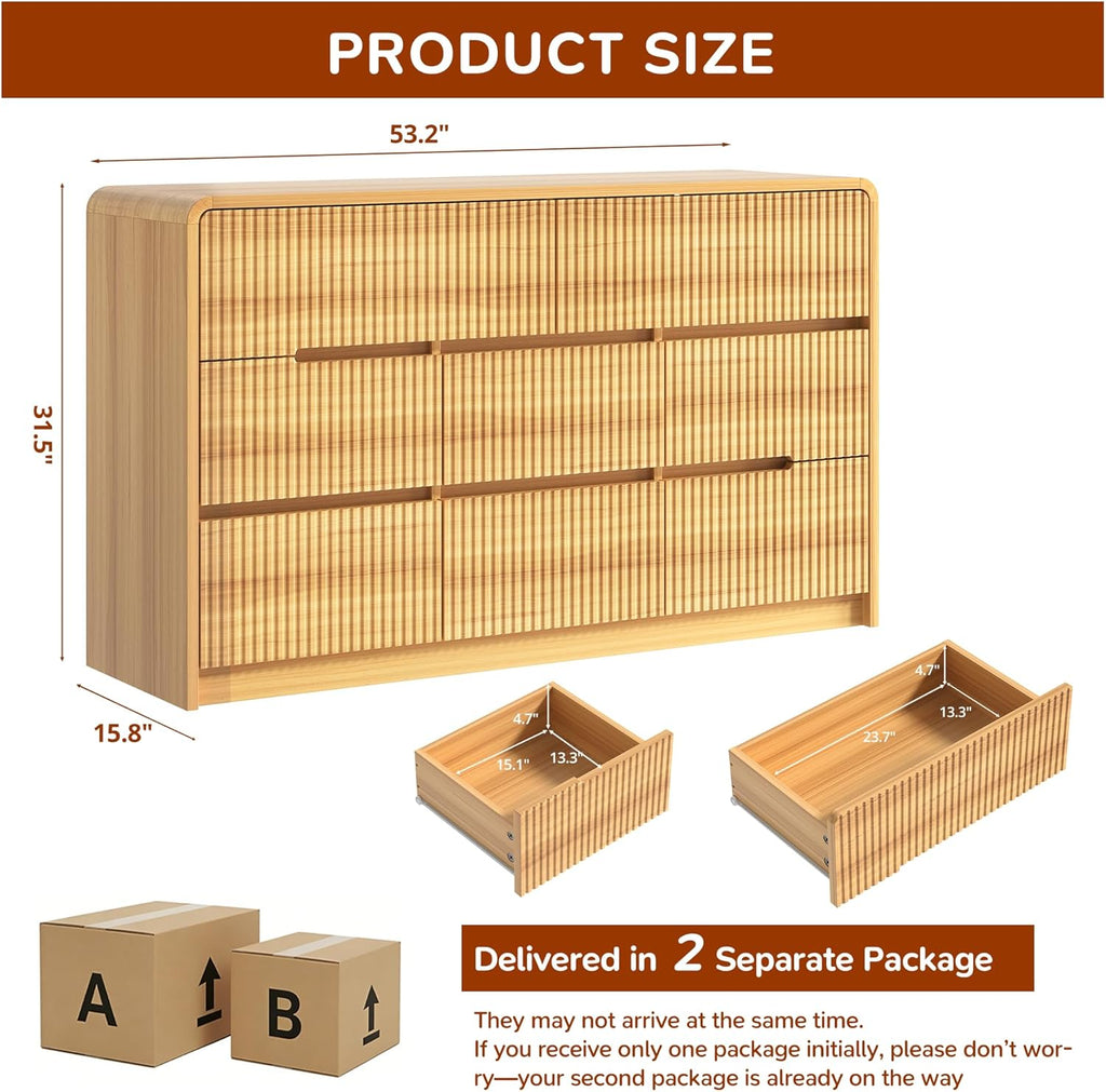 Fluted Dresser for Bedroom, 8 Drawer Dressers for Closet 53" Wide Large Wood Dresser Modern TV Stand, Wooden Clothes Storage Organizer Chest of Drawers for Living Room Hallway Entryway