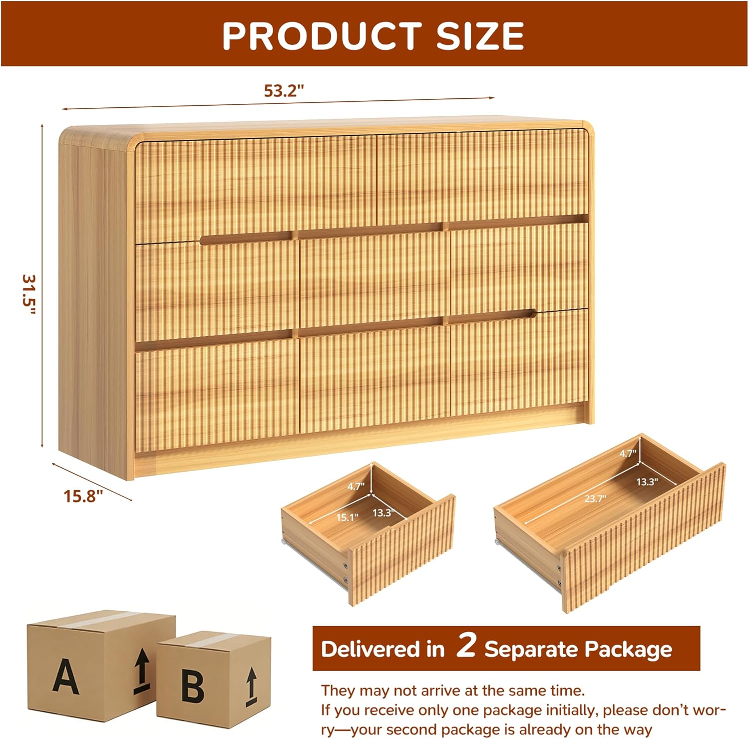Fluted Dresser for Bedroom, 8 Drawer Dressers for Closet 53" Wide Large Wood Dresser Modern TV Stand, Wooden Clothes Storage Organizer Chest of Drawers for Living Room Hallway Entryway