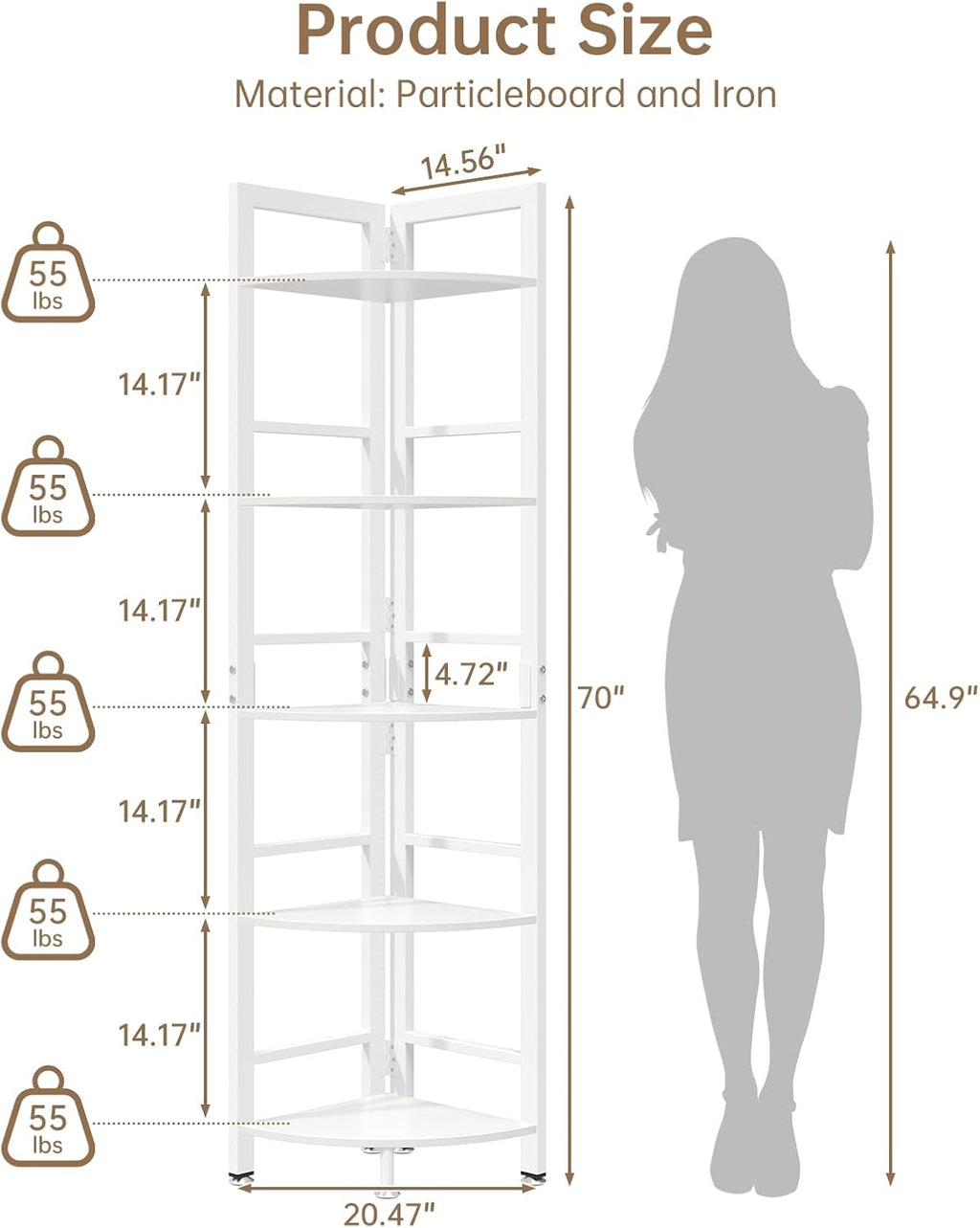 5-Tier Corner Shelf Stand with LED Light, 70 Inch Tall Display Shelf for Living Room, Bedroom, Bookshelf, Industrial Shelf with Steel Frame, Plant Shelf (White)