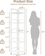 5-Tier Corner Shelf Stand with LED Light, 70 Inch Tall Display Shelf for Living Room, Bedroom, Bookshelf, Industrial Shelf with Steel Frame, Plant Shelf (White)