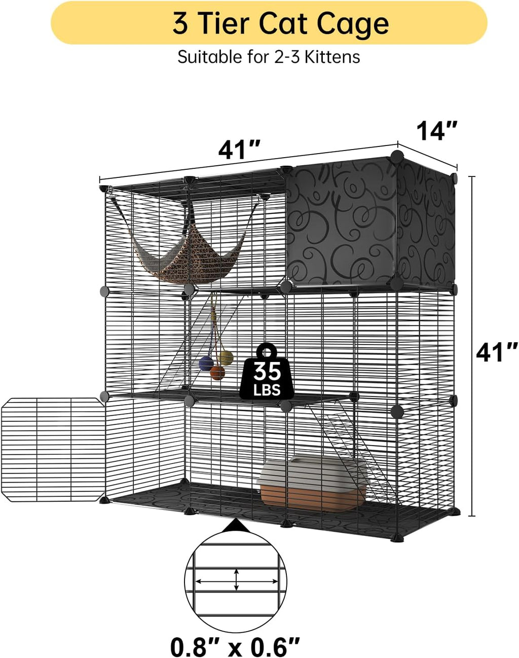 Cat Cages Indoor, 3 Tier Cat Enclosure, Cat Cage with Toy Ball and Cat Hammock for 2-3 Cats