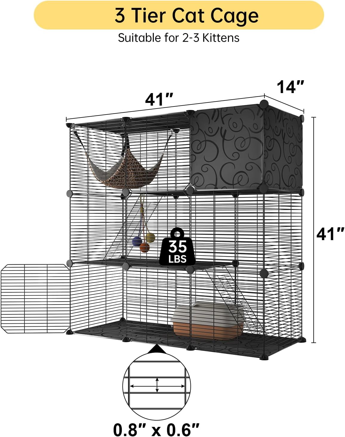 Cat Cages Indoor, 3 Tier Cat Enclosure, Cat Cage with Toy Ball and Cat Hammock for 2-3 Cats
