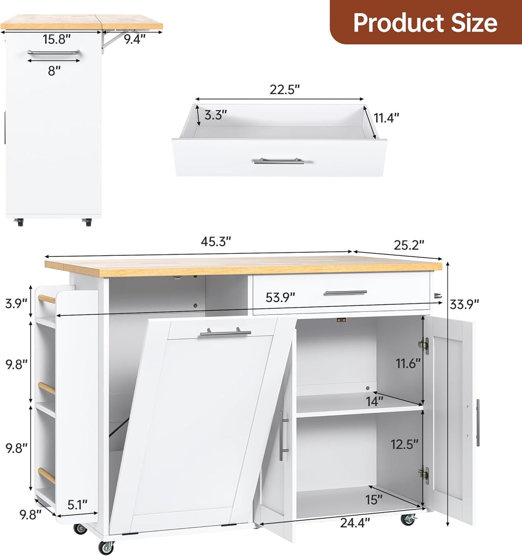 Rolling Kitchen Island with Hidden Trash Can Storage, Kitchen Island on Wheels with Storage, 3-Tier Spice Rack, Towel Rack&Drawer, Mobile Portable Island for Kitchen, White