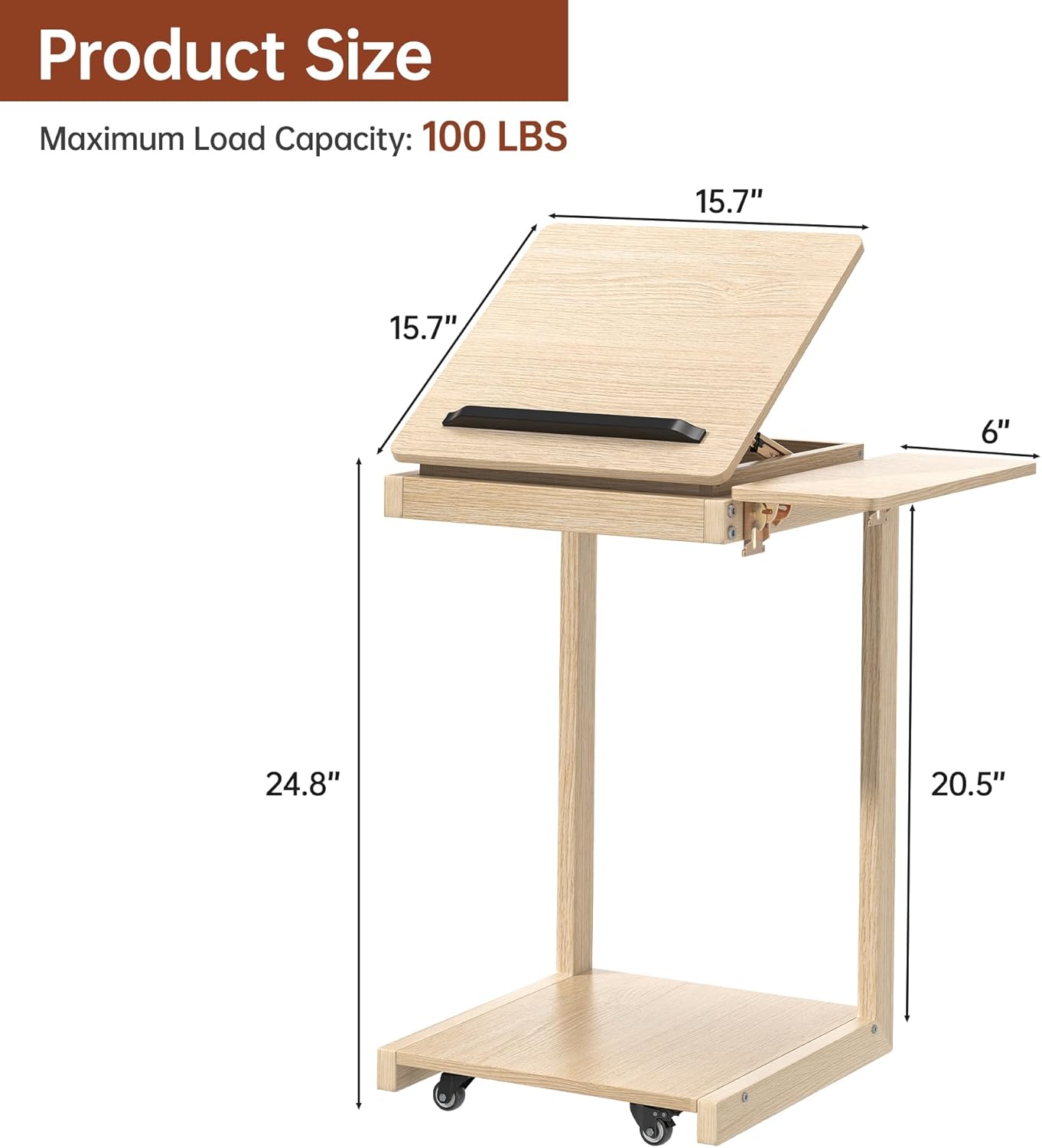 C Shaped End Table, Rolling Side Table with 4-Way Convertible Desktop, Wooden C Table with Multi-Functional Folding Tray &Lockable Wheels, Living Room,Bedroom,White Oak