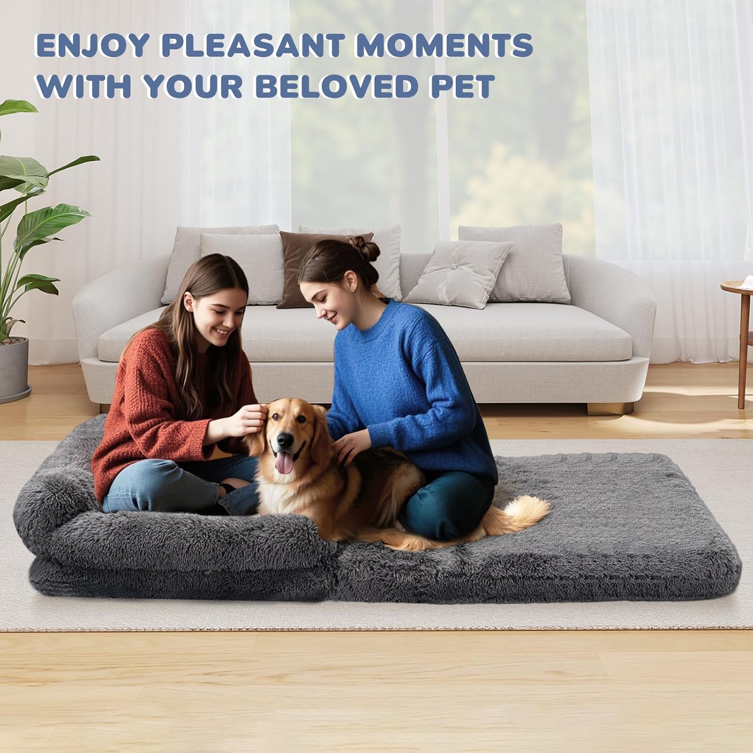 79" Foldable Human Dog Bed for Adults, Fluffy Faux Fur with Blanket, Orthopedic Washable Dog Bed with Memory Foam and Water Repellent Liner Extra Large Thick for Pet (Grey)