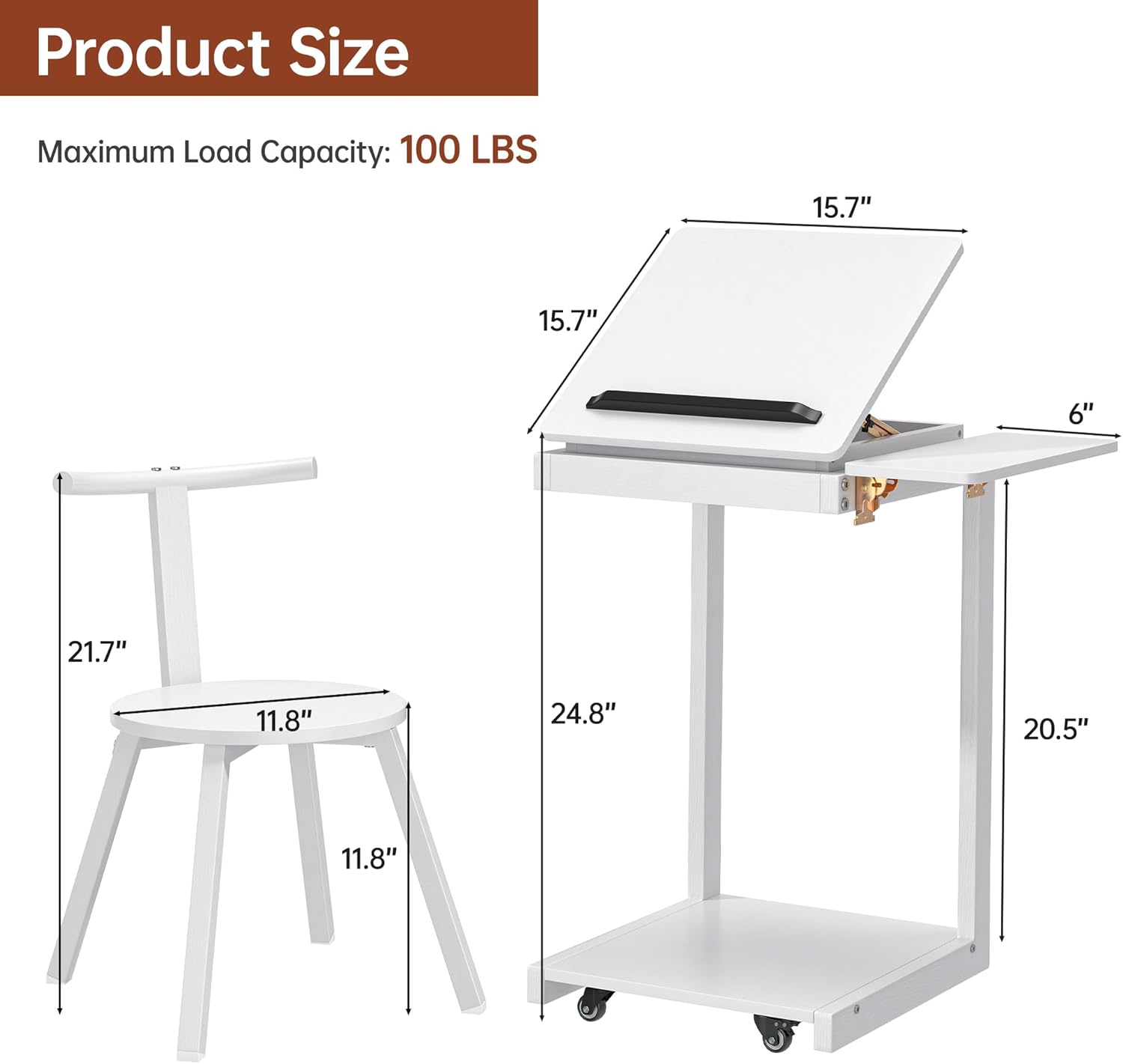C Shaped End Table, Rolling Side Table with 4-Way Convertible Desktop, Wooden C Table with Multi-Functional Folding Tray & Small Chair, Side Table for Couch, Living Room, Bedroom, White