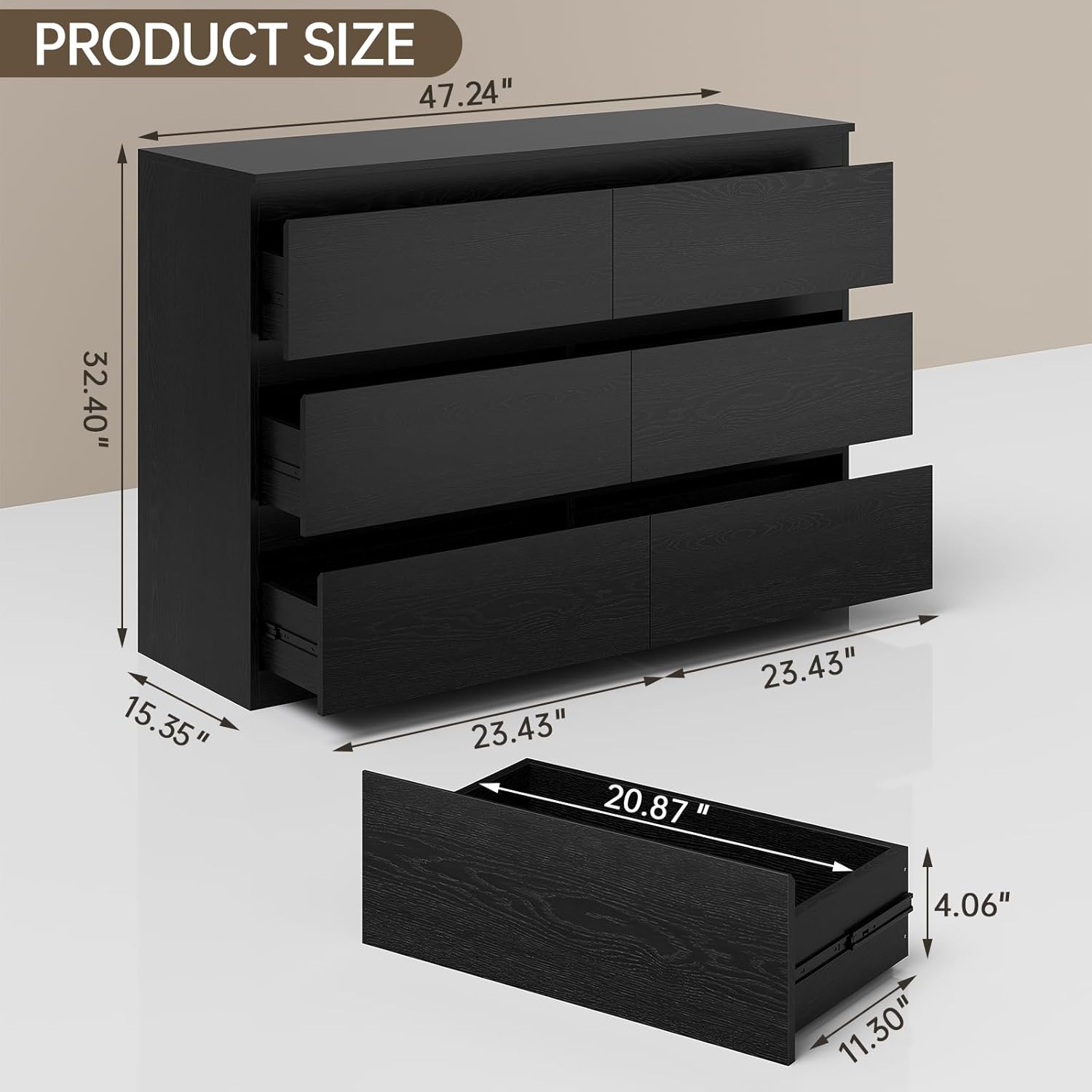 Black Wood Dresser, 6 Drawer Dressers for Clothes Storage for Bedroom, Modern Dresser with Wide Drawers, Wide Wooden Chest Drawers for Living Room|Entryway|TV Stand(47" W x15.4 Dx32.3 H)