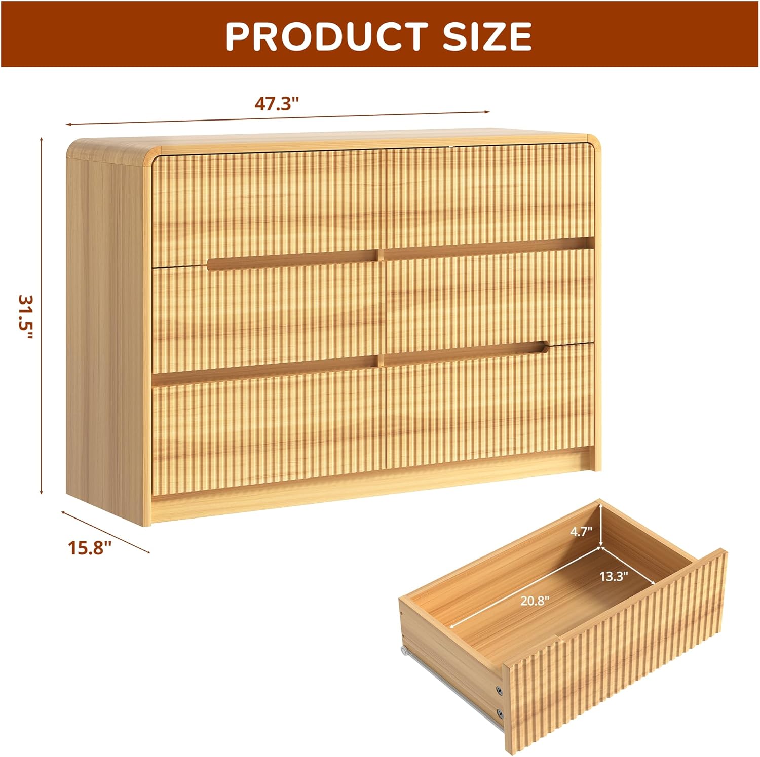 Fluted Dresser for Bedroom, 6 Drawer Dressers for Closet 48" Wide Large Wood Dresser Modern TV Stand, Wooden Clothes Storage Organizer Chest of Drawers for Living Room Hallway Entryway