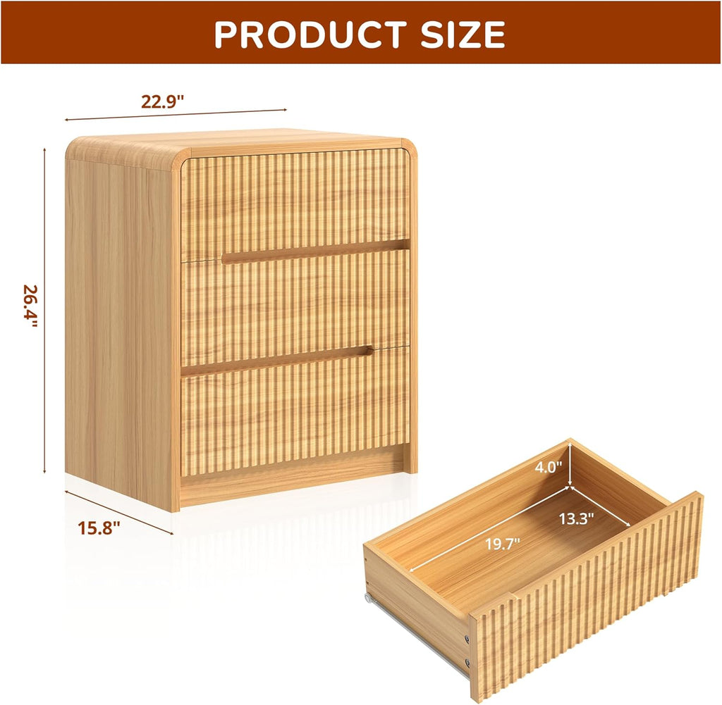 Fluted Dresser for Bedroom, 3 Drawer Dressers for Closet Small Wood Dresser Modern TV Stand, Wooden Clothes Storage Organizer Chest of Drawers for Living Room Hallway Entryway
