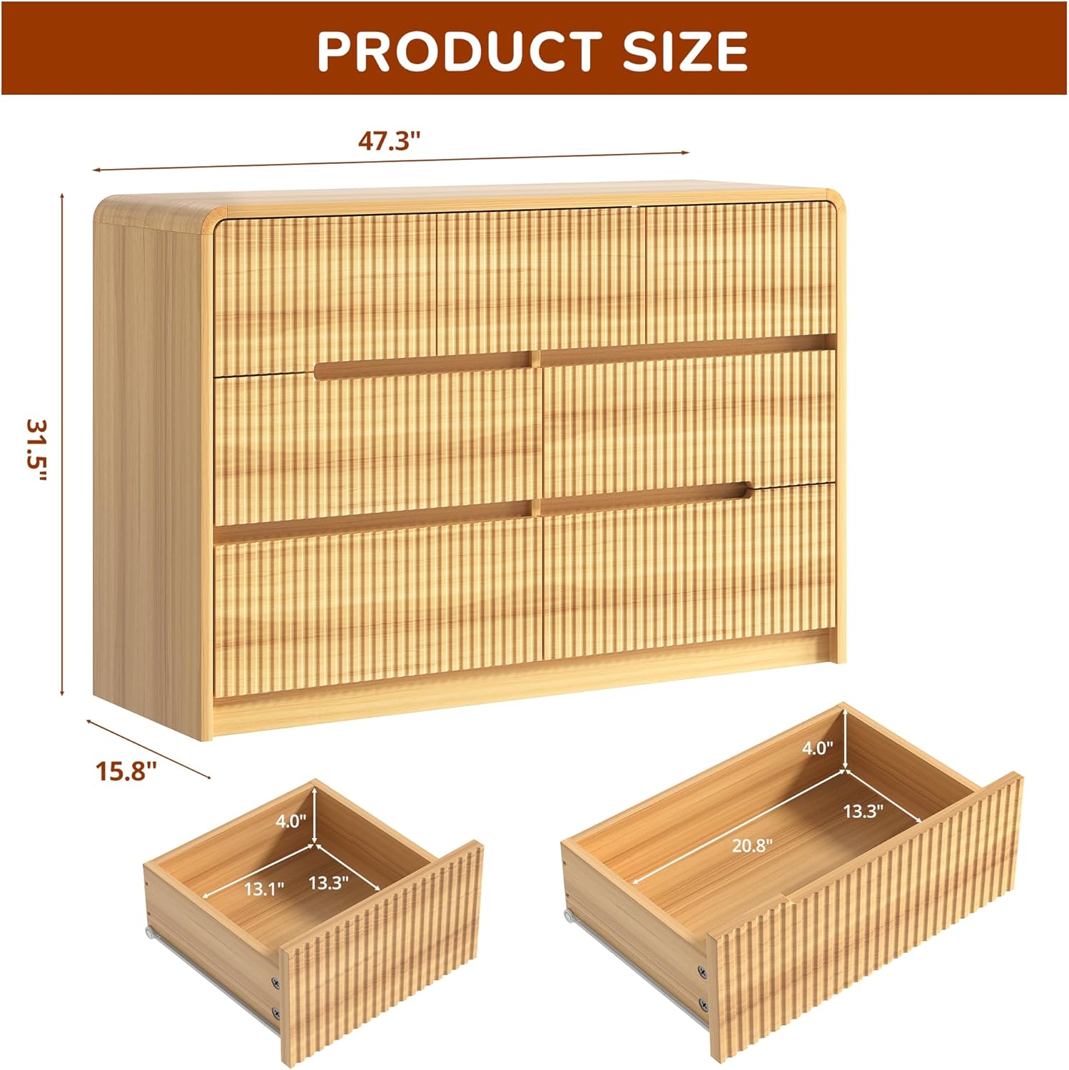 Fluted Dresser for Bedroom, 7 Drawer Dressers for Closet 48" Wide Large Wood Dresser Modern TV Stand, Wooden Clothes Storage Organizer Chest of Drawers for Living Room Hallway Entryway