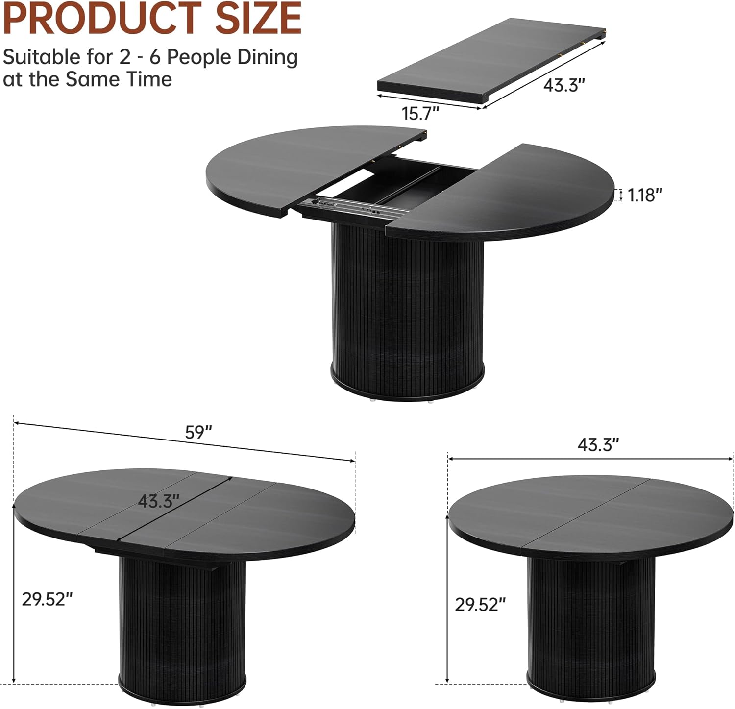 Extendable Dining Room Table Round Dining Table for 4 6 8, 43"-59" Modern Wood Kitchen Table with Removable Leaves Extendable Dinner Tables|Living Room|Small Space