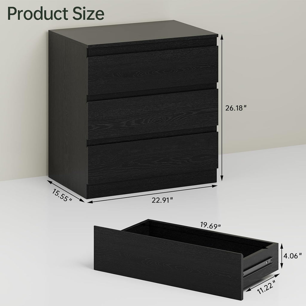 Black Wood Dresser for Bedroom, 3-Drawer Dresser for Clothes Storage, Modern Dressers with Wide Drawers, Wide Wooden Chest Drawers for Living Room, Entryway, TV Stand