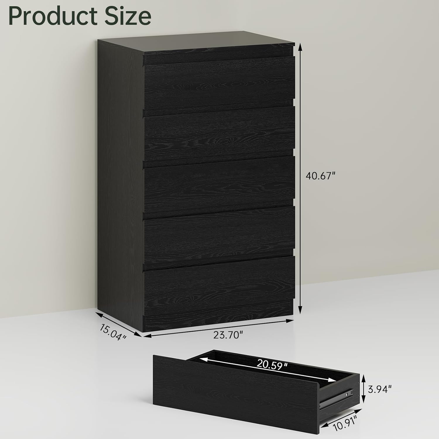 Black Wood Dresser for Bedroom, 5 Drawer for Clothes Storage, Modern Dresser with Wide Drawers, Wide Wooden Chest Drawers for Living Room, Entryway, TV Stand