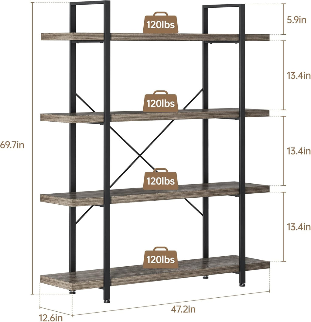 Heavy Duty 4-Tier Industrial Bookcase, 47" Wide Wood Bookshelf for Home Office, 120lbs Shelf Capacity, Rustic Shelving Display with Reinforced Horizontal Shelf for Living Room Bedroom,Grey