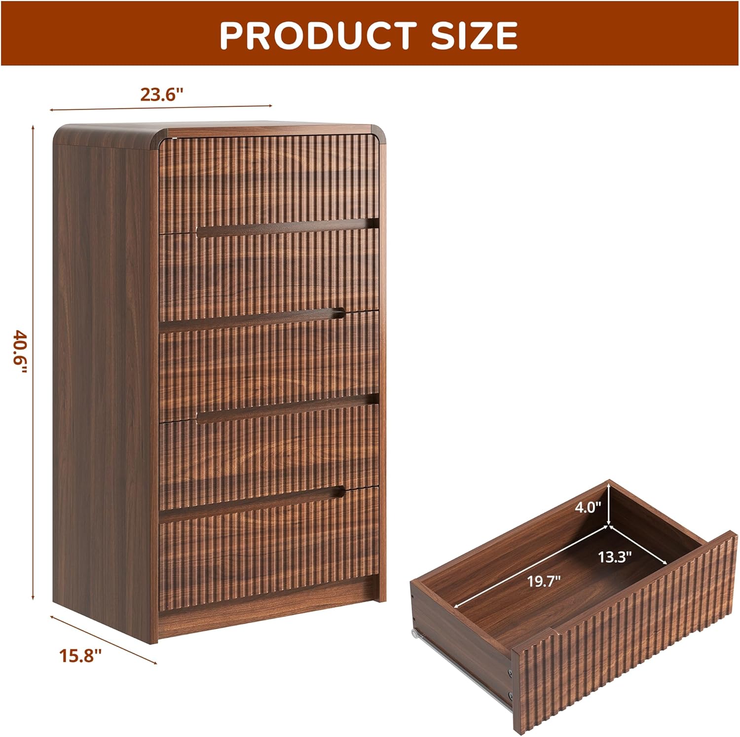 Fluted Dresser for Bedroom, 5 Drawer Dressers for Closet Small Wood Dresser Modern TV Stand, Wooden Clothes Storage Organizer Chest of Drawers for Living Room Hallway Entryway