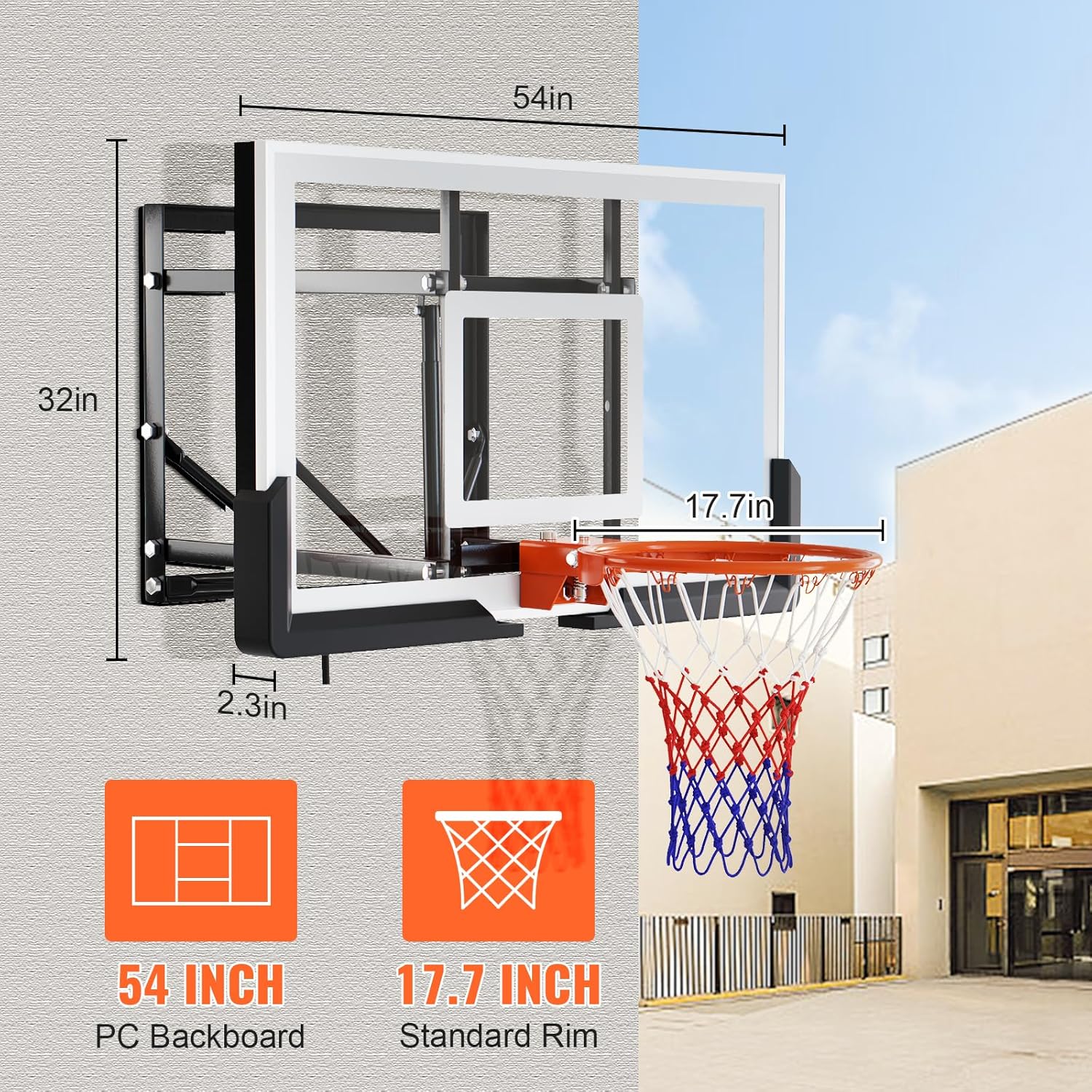 54 Inch Basketball Backboard, 8-20 FT Height Adjustable Outdoor Wall Mounted Basketball Hoop for Gyms Garages Schools