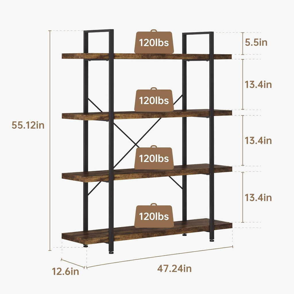 Heavy Duty 4-Tier Industrial Bookcase, 47" Wide Wood Bookshelf for Home Office, 120lbs Shelf Capacity, Rustic Open Shelving Display with Reinforced Horizontal Shelf for Living Room Bedroom