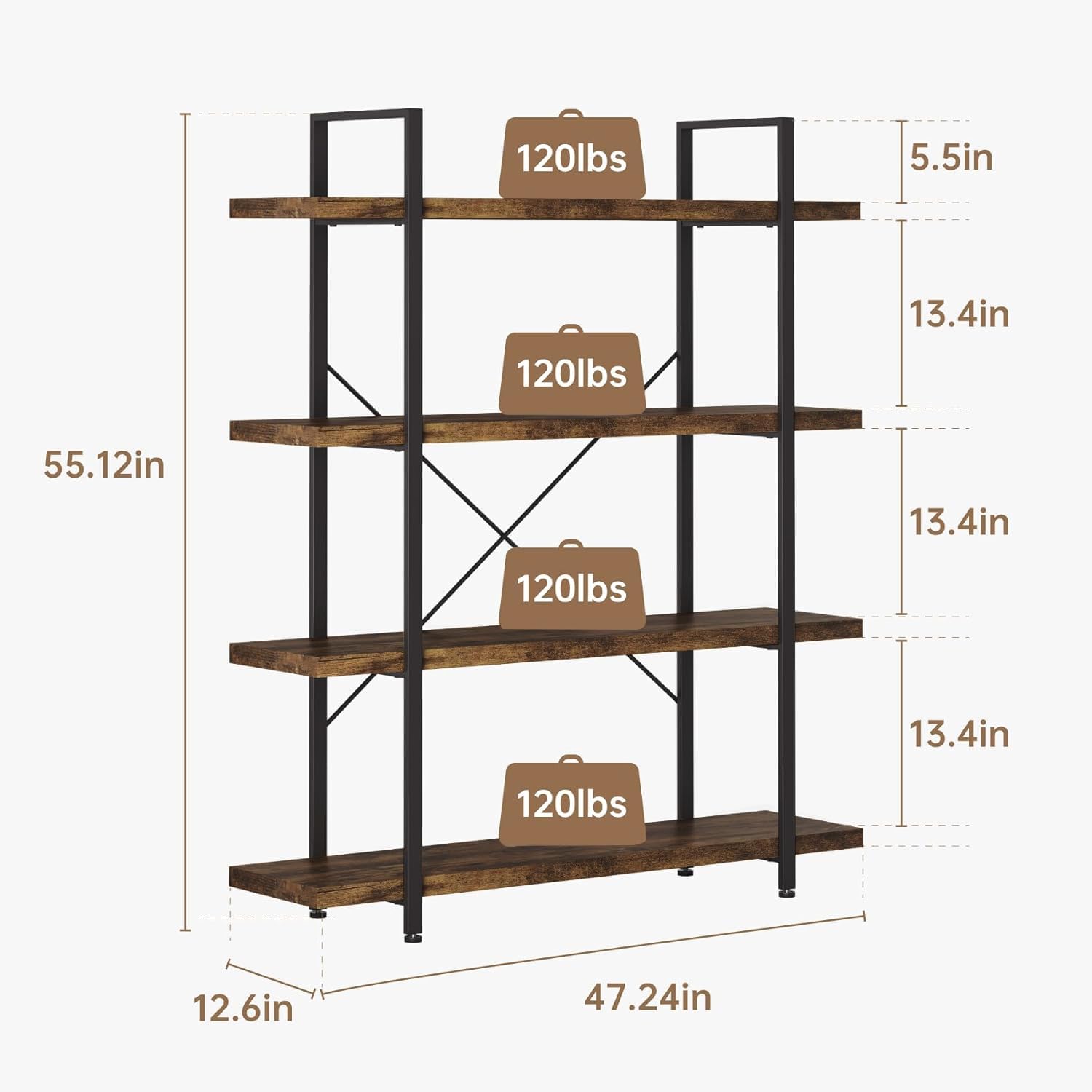 Heavy Duty 4-Tier Industrial Bookcase, 47" Wide Wood Bookshelf for Home Office, 120lbs Shelf Capacity, Rustic Open Shelving Display with Reinforced Horizontal Shelf for Living Room Bedroom