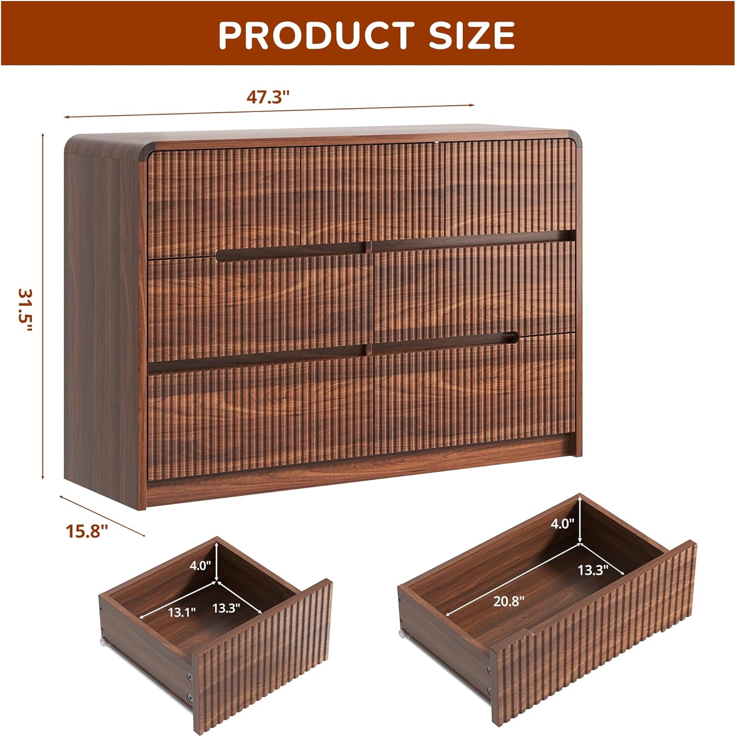 Fluted Dresser for Bedroom, 7 Drawer Dressers for Closet 48" Wide Large Wood Dresser Modern TV Stand, Wooden Clothes Storage Organizer Chest of Drawers for Living Room Hallway Entryway