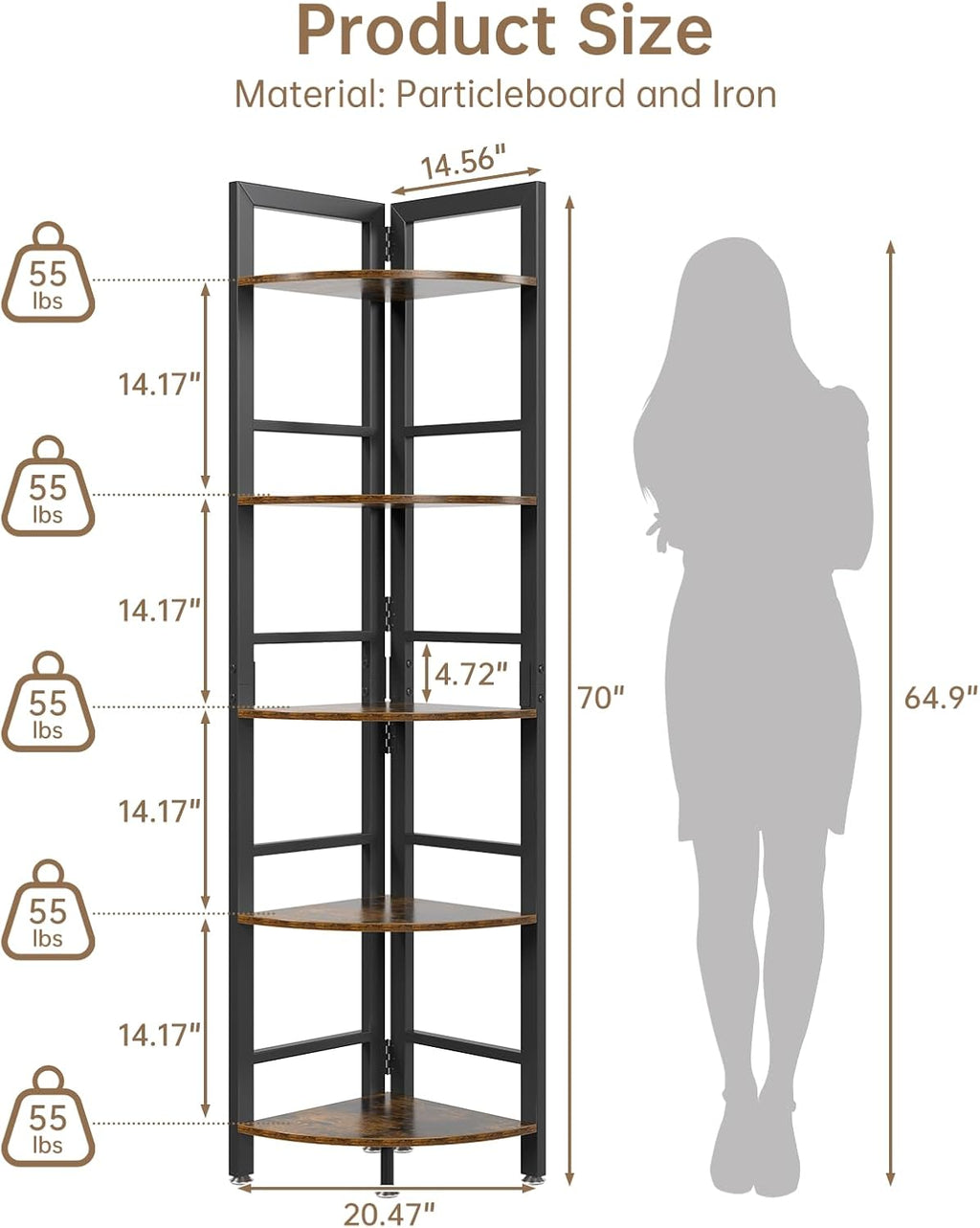 5-Tier Corner Shelf Stand with LED Light, 70 Inch Tall Display Shelf for Living Room, Bedroom, Bookshelf, Industrial Shelf with Steel Frame, Plant Shelf (Brown)