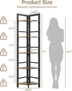 5-Tier Corner Shelf Stand with LED Light, 70 Inch Tall Display Shelf for Living Room, Bedroom, Bookshelf, Industrial Shelf with Steel Frame, Plant Shelf (Brown)