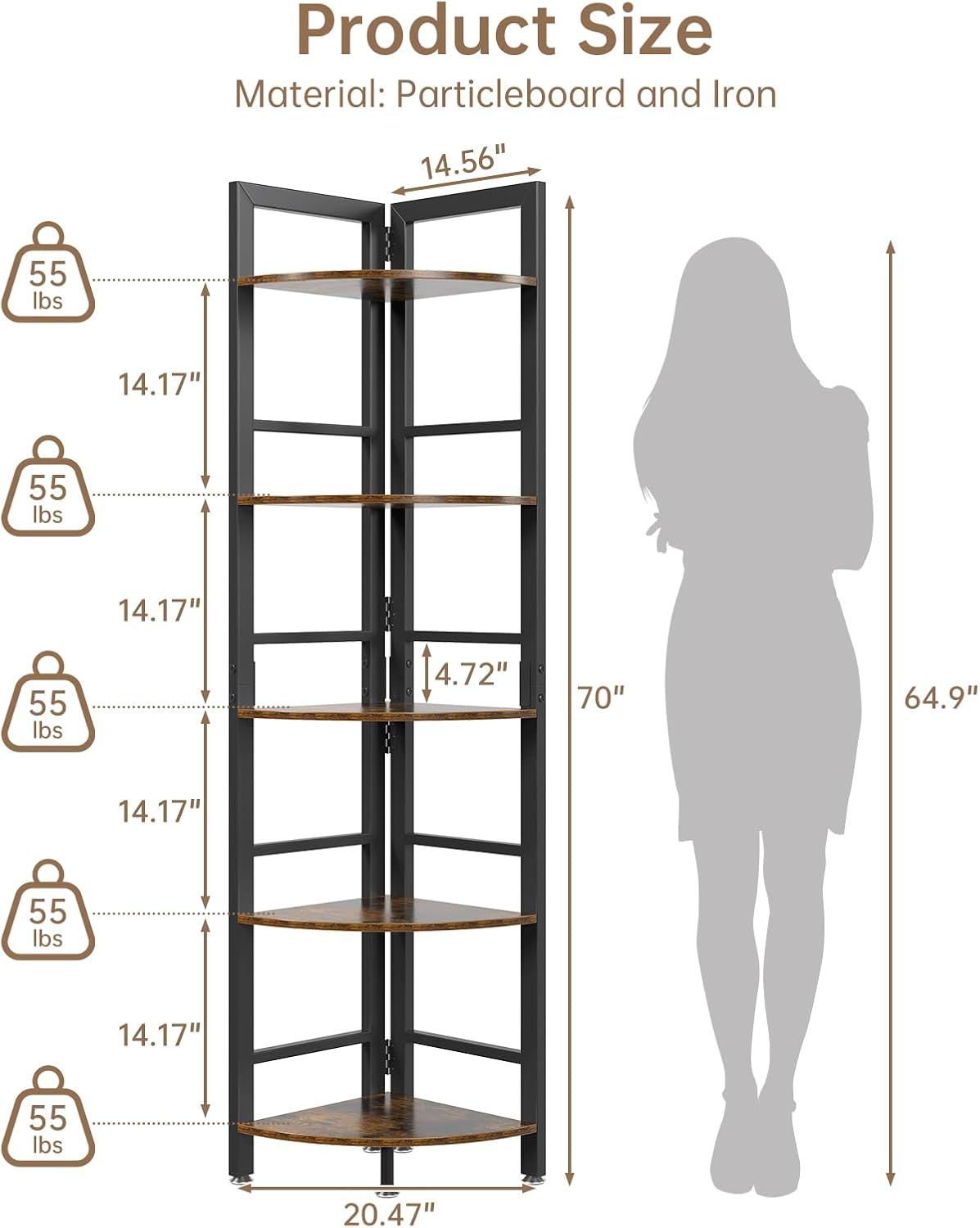 5-Tier Corner Shelf Stand with LED Light, 70 Inch Tall Display Shelf for Living Room, Bedroom, Bookshelf, Industrial Shelf with Steel Frame, Plant Shelf (Brown)