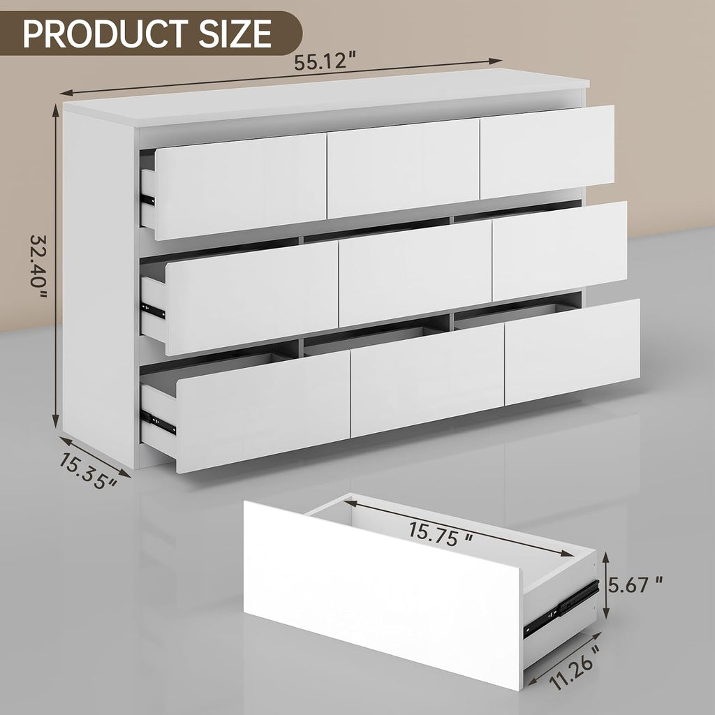 White Wood Dresser for Bedroom, 9 Drawer Clothes Storage | Modern, Handle-Free, High Gloss, Wooden Drawers, 55" long, for Living Room, Entryway, TV Stand