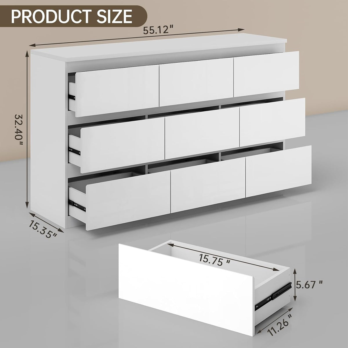 White Wood Dresser for Bedroom, 9 Drawer Clothes Storage | Modern, Handle-Free, High Gloss, Wooden Drawers, 55" long, for Living Room, Entryway, TV Stand
