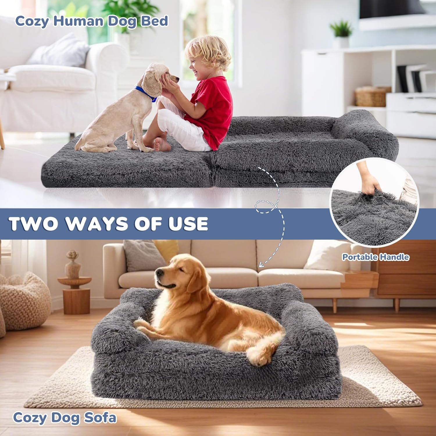 57" Foldable Human Dog Bed for Kids, Fluffy Faux Fur, Orthopedic Washable Dog Bed with Memory Foam and Water Repellent Liner Thick for Pet Installation Free (Grey)