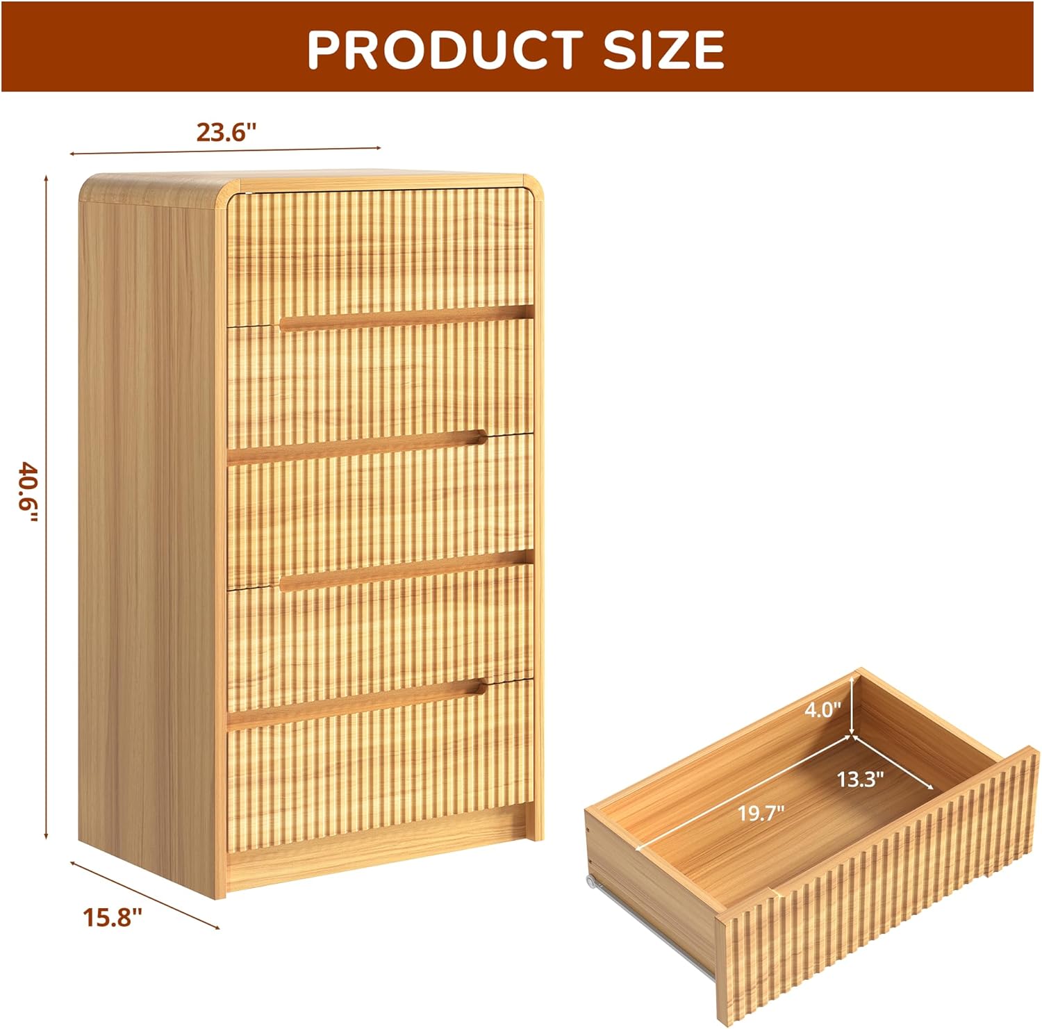 Fluted Dresser for Bedroom, 5 Drawer Dressers for Closet Small Wood Dresser Modern TV Stand, Wooden Clothes Storage Organizer Chest of Drawers for Living Room Hallway Entryway