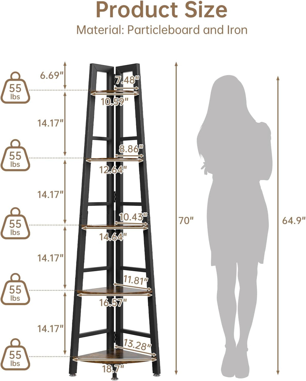 5-Tier Corner Shelf with LED Light, 70 Inch Display Shelf for Living Room, Bedroom, Bookshelf, Industrial Shelf, Plant Shelf (Rustic Brown, Ladder Corner Shelf)
