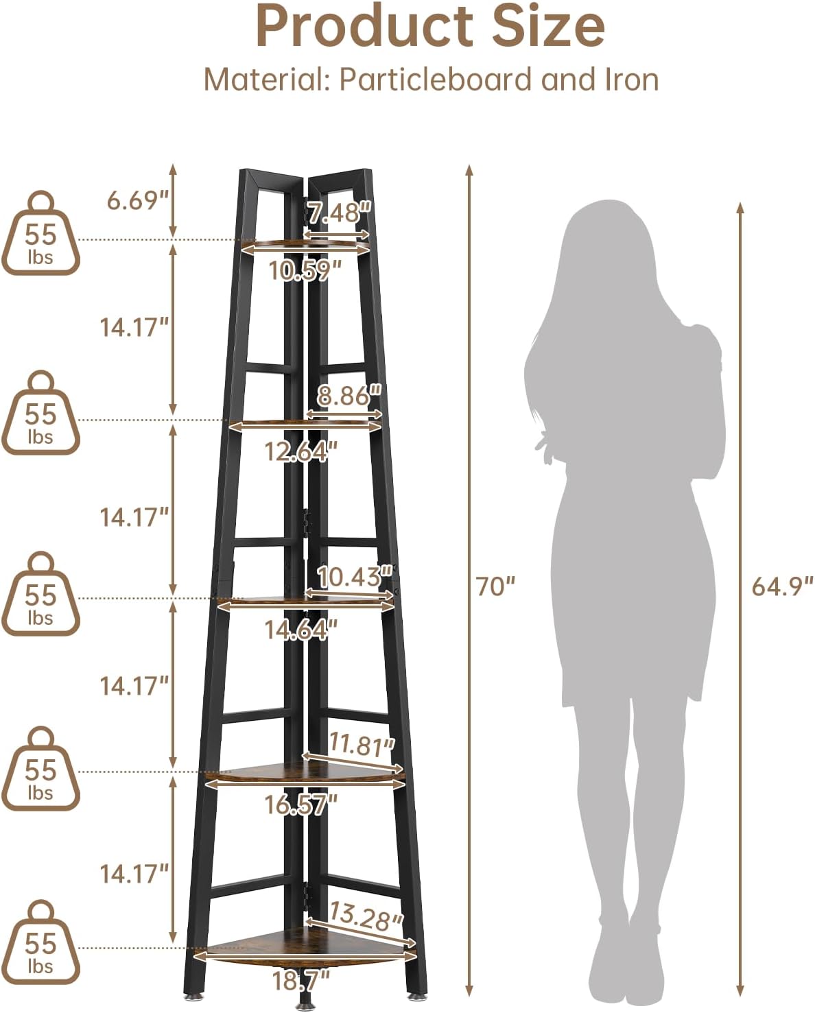 5-Tier Corner Shelf with LED Light, 70 Inch Display Shelf for Living Room, Bedroom, Bookshelf, Industrial Shelf, Plant Shelf (Rustic Brown, Ladder Corner Shelf)