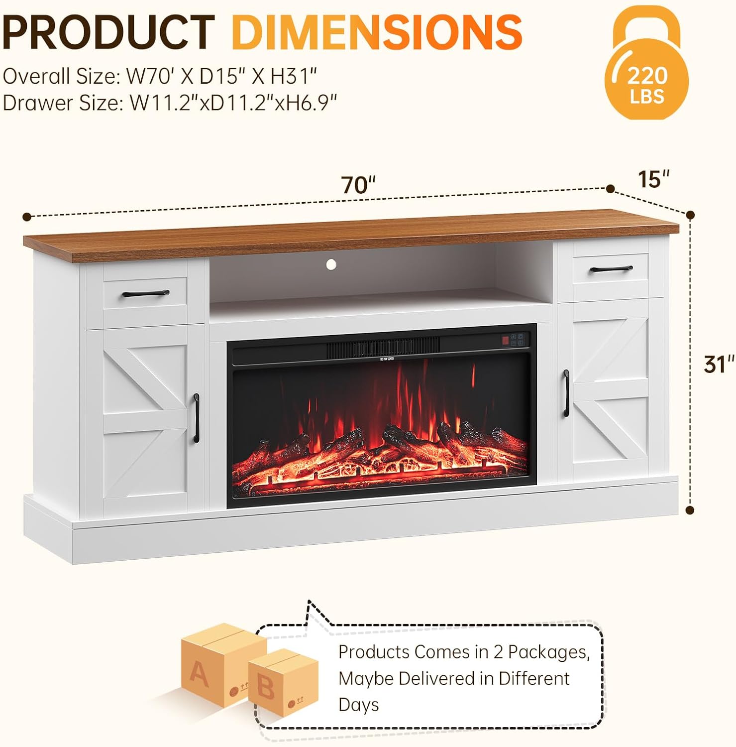 70 inch Fireplace TV Stand for Living Room, Electric Fireplace TV Stand with 12 Colors of 3D Flame & Heating, Entertainment Center with Storage Cabinet (White, Farmhouse)