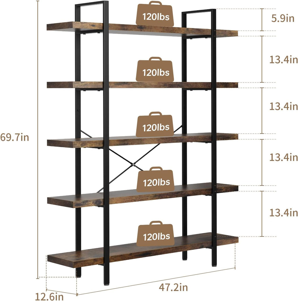 Heavy Duty 5-Tier Industrial Bookcase, 47" Wide Wood Bookshelf for Home Office, 120lbs Shelf Capacity, Rustic Open Shelving Display with Reinforced Horizontal Shelf for Living Room Bedroom