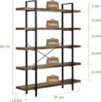 Heavy Duty 5-Tier Industrial Bookcase, 47" Wide Wood Bookshelf for Home Office, 120lbs Shelf Capacity, Rustic Open Shelving Display with Reinforced Horizontal Shelf for Living Room Bedroom
