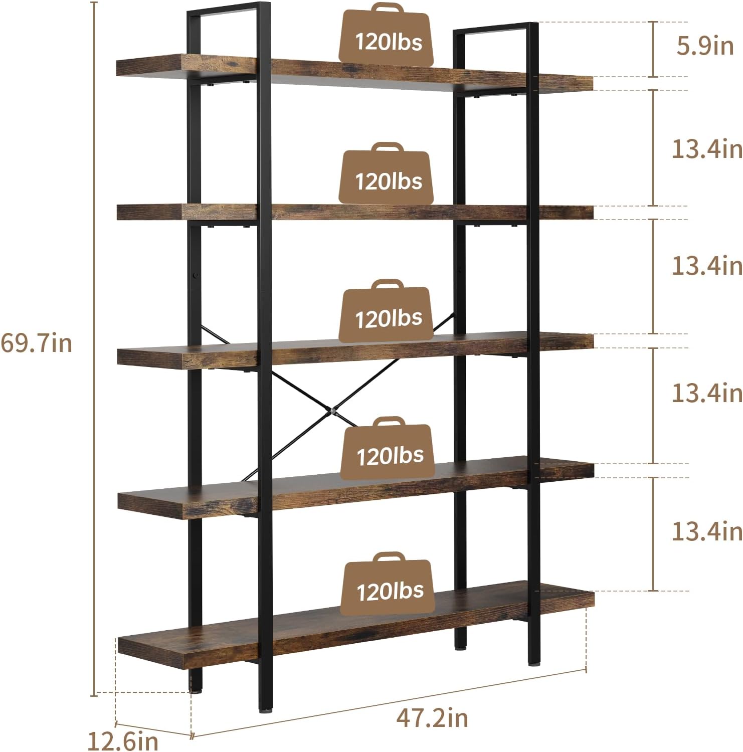 Heavy Duty 5-Tier Industrial Bookcase, 47" Wide Wood Bookshelf for Home Office, 120lbs Shelf Capacity, Rustic Open Shelving Display with Reinforced Horizontal Shelf for Living Room Bedroom