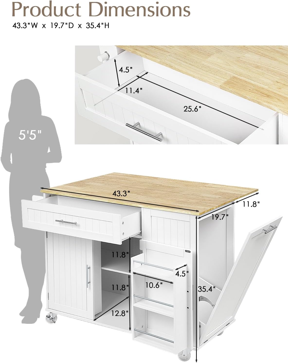 Kitchen Island with Storage, 31.5" D Rolling Kitchen Island Cart on Wheels with Widen Drop Leaf Rubberwood Top, Large Mobile Kitchen Islands with Trash Can Storage and Towel Bar, White