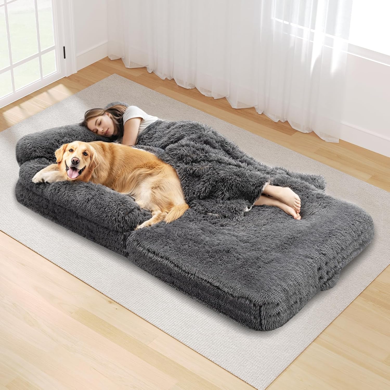 72" Foldable Human Dog Bed for Adults, Fluffy Faux Fur with Blanket, Orthopedic Washable Dog Bed with Memory Foam and Water Repellent Liner Extra Large Thick for Pet (Grey)