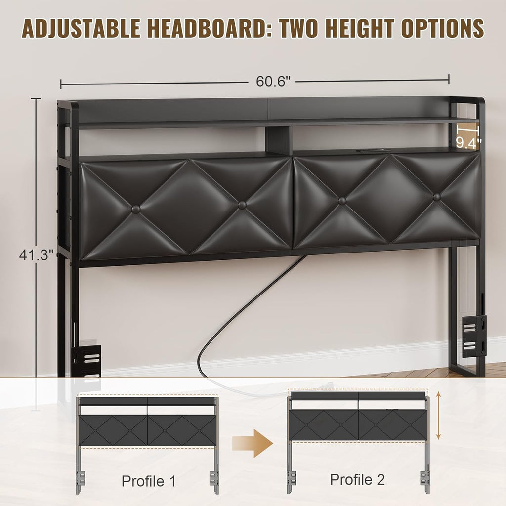 Headboard Queen Size with 2-Tier Open Space and Pull-Out Hidden Storage, Upholstered Headboard with Charging Station, Height Adjustable Sturdy Queen Bed Head Only, Easy Assembly, Black