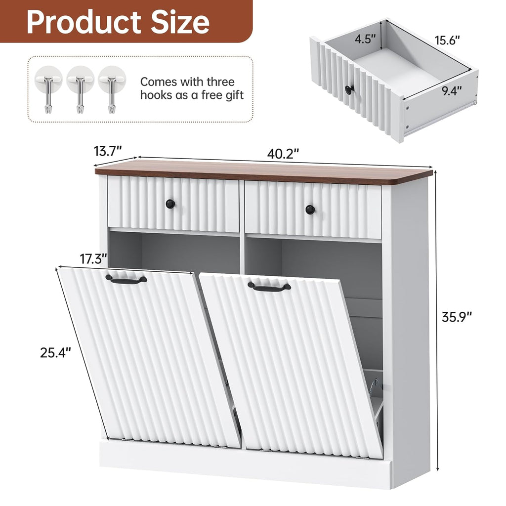 Double Tilt Out Trash Can Cabinet 20 Gallon Large Wooden, Free Standing Laundry Sorter with 2 Hideaway Drawer, 2 Doors Recycling Trash Can Storage for Kitchen (White, 20 Gallon)
