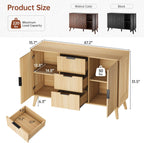 47" Natural Sideboard Buffet Cabinet with 3 Drawers, Fluted Modern Buffet Cabinet with Storage, 2 Doors Sideboard Cabinets Accent Credenza for Dining Room|Living Room|Entryway