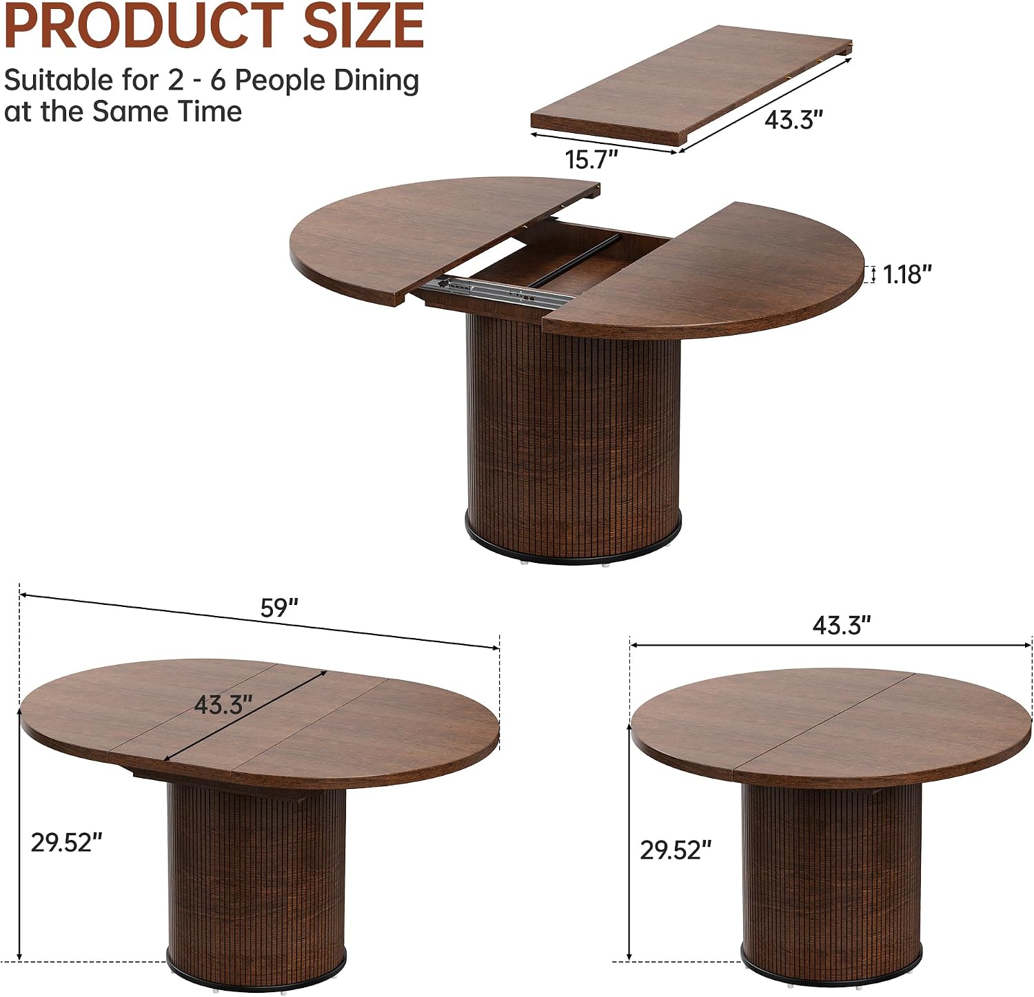 Extendable Dining Room Table Round Dining Table for 4 6 8, 43"-59" Modern Wood Kitchen Table with Removable Leaves Extendable Dinner Tables|Living Room|Small Space