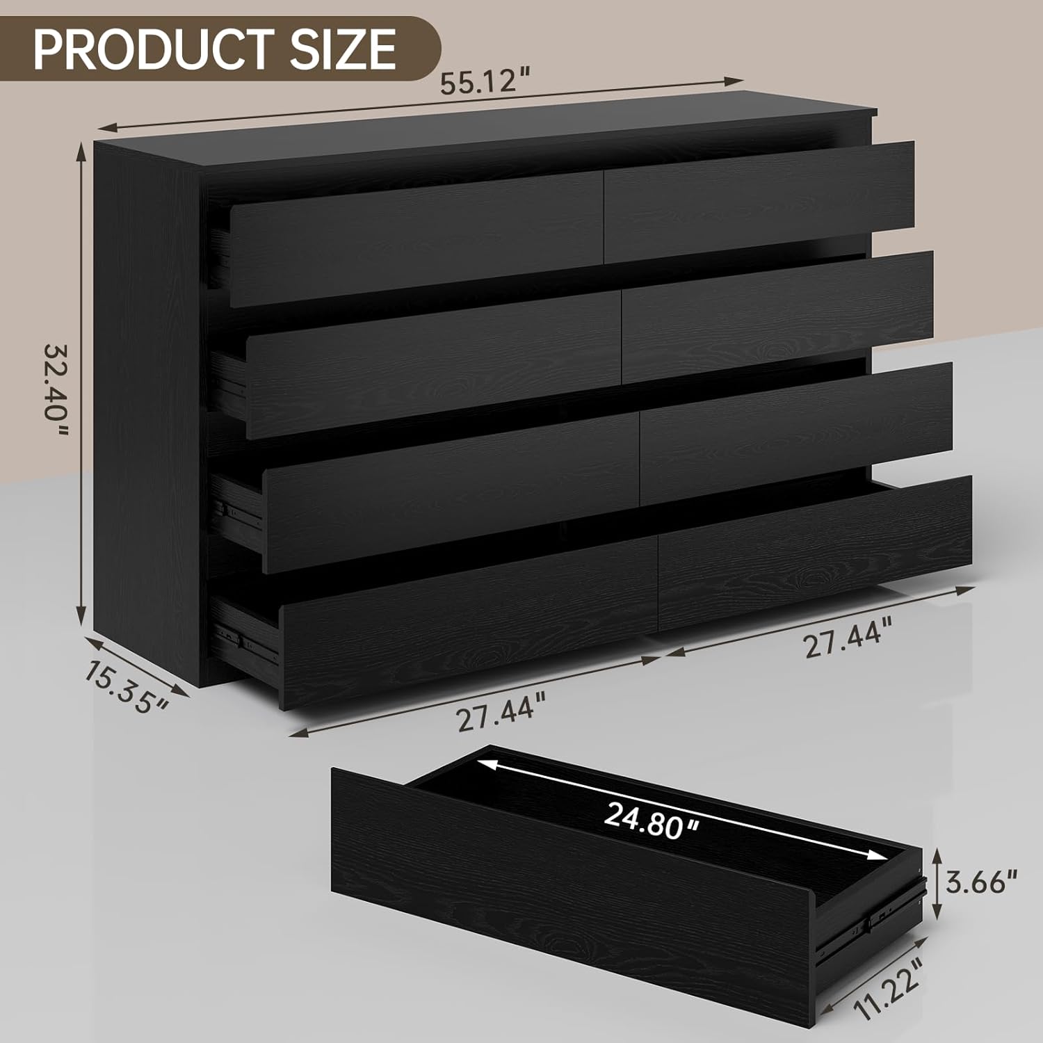 Black Wood Dresser for Bedroom, 8 Drawer Dressers for Clothes Storage, Modern Dresser with Wide Drawers, Wide Wooden Chest Drawers for Living Room|Entryway|TV Stand(55" W x15.4 Dx32.3 H)